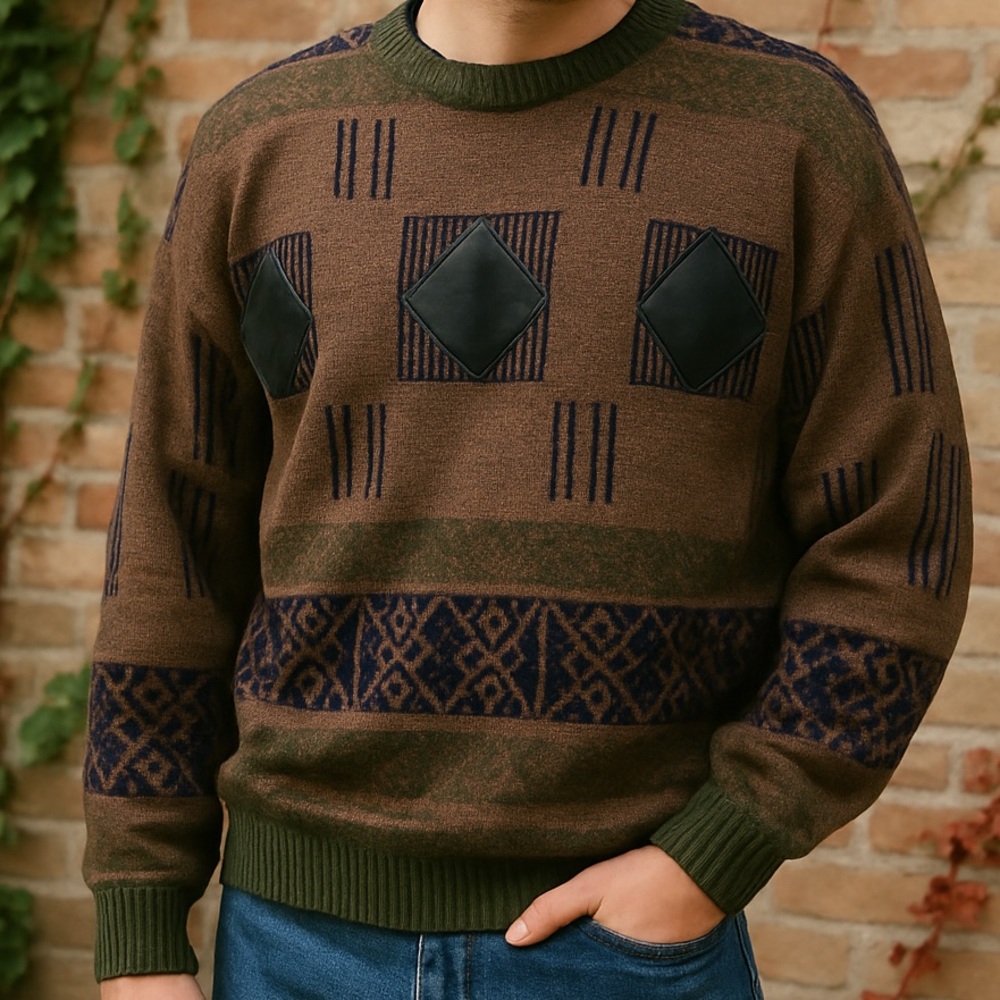 Vintage Sears Grandpa Patterned Knit Sweater – XL –Faux Leather Diamond Patches